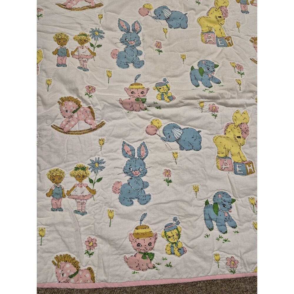 Vintage Baby Quilt Bunny Rocking Horse Elephant Lamb Boy/Girl Pink Blue Yellow